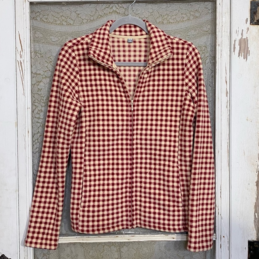 UNIQLO Womens Size S‎ Full Zip Fleece Jacket-Red & Beige Gingham Check